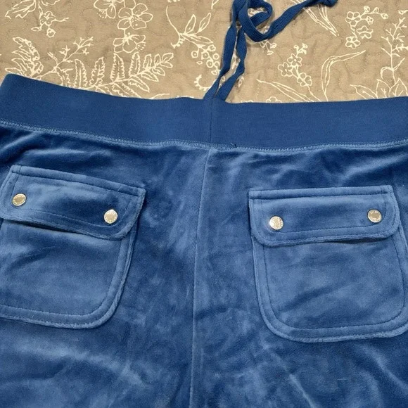 Juicy Couture Crown Heritage Cotton Velour Sweatpants Rhinestones Blue LARGE - Picture 8 of 12